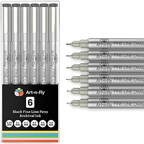 Black Fine Point Pens Set of 6 - Drawing Fineliner Pens with Japanese Archival Ink and Various Size Tip - No Bleed Marker Fine Tip Pens for Art Drawing, Sketching, Artist Detailing & Drafting