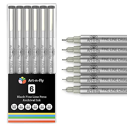 Black Fine Point Pens Set of 6 - Drawing Fineliner Pens with Japanese Archival Ink and Various Size Tip - No Bleed Marker Fine Tip Pens for Art Drawing, Sketching, Artist Detailing & Drafting