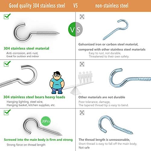 20 Pieces of 304 Stainless Steel Kits, Ceiling Cup Hook Screw Hooks, Ring Screws for Home, Office and Outdoor use, Lighting Hook Racks, self-Tapping Hooks, Hooks (2-3/4"X20PCS)