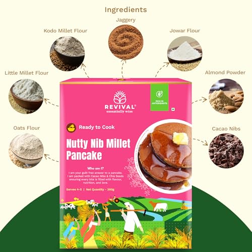 Image of Revival Nutty Nib Millet Pancake Mix - Pack of 2 (200g Each) | Instant Healthy Pancake Mix with Crunchy Nuts | High in Protein & Fiber | No Preservatives | Quick & Easy Breakfast Option