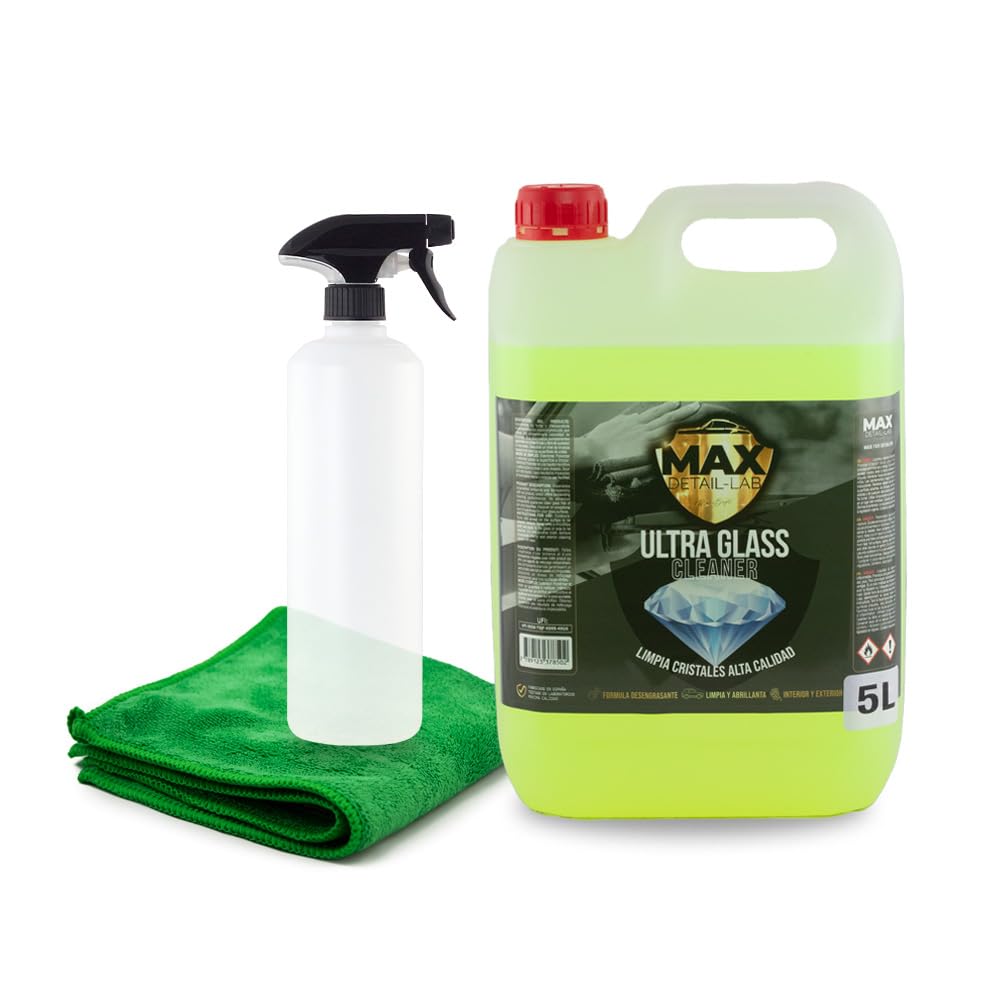 MAX DETAIL-LAB - Ultra Glass 5L - Nettoyant Vitre Voiture, Formule Dégraissante Nettoyage Brillance, Lave Fenêtre Auto Anti-Pluie Accessoire Microfibre Inclus, Produit Detailing Professionnel 5 Litres