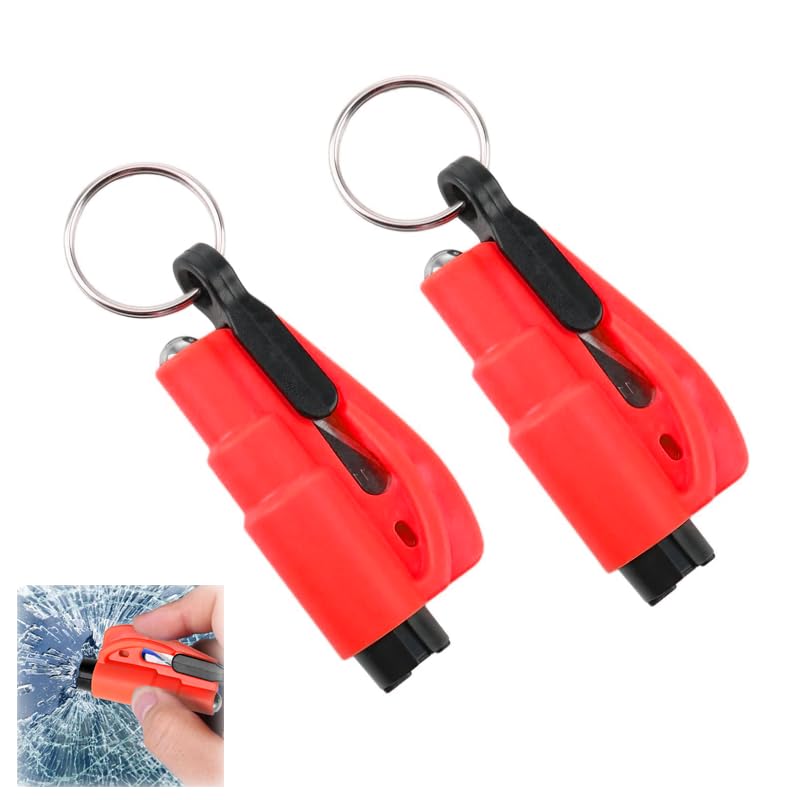 3 en 1 Porte-Clés Sécurité Voiture,Brise-Vitre et Coupe-Ceinture,Moderne Unisexe Adulte-Vitre,Rouge