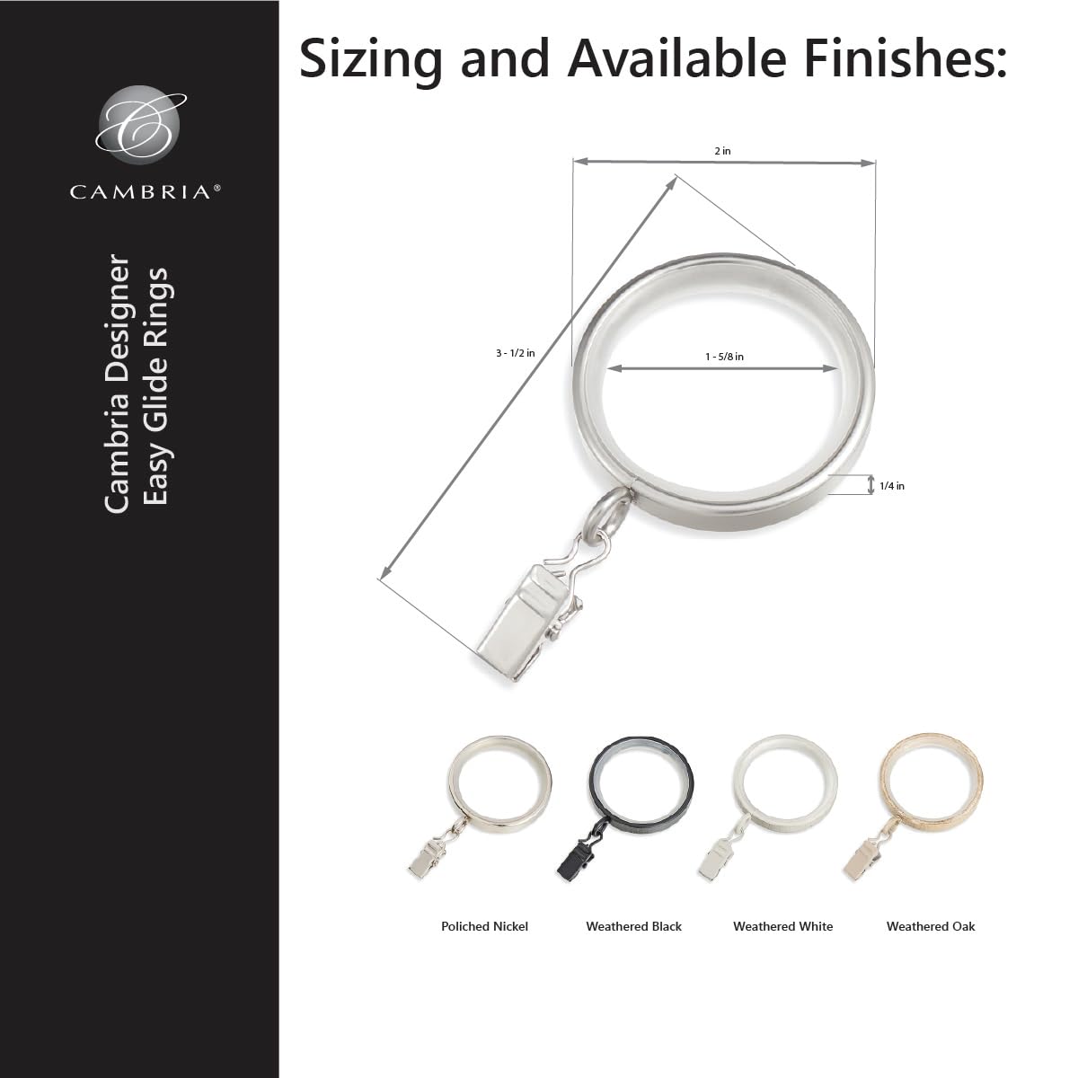 Cambria® Designer Series - Anillos de cortina de fácil deslizamiento de alta calidad, 18 unidades, metal con inserciones de nailon suaves y silenciosas con clips, 5 cm de diámetro (diámetro interior),