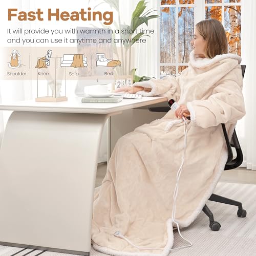 Image of Wearable Electric Blanket with Foot Pocket and Sleeves, Heating Throw Blanket, 6 Heating Levels & Auto Shut Off, Machine Washable (Long, Beige)