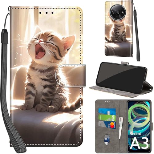 PHINIENLAND Fundas para Xiaomi Redmi A3 / Redmi A3x Funda de Flip PU Carcasa Protectora con Ranuras Tarjetas Cierre magnético función Atril Estuche para Redmi A3,Gato
