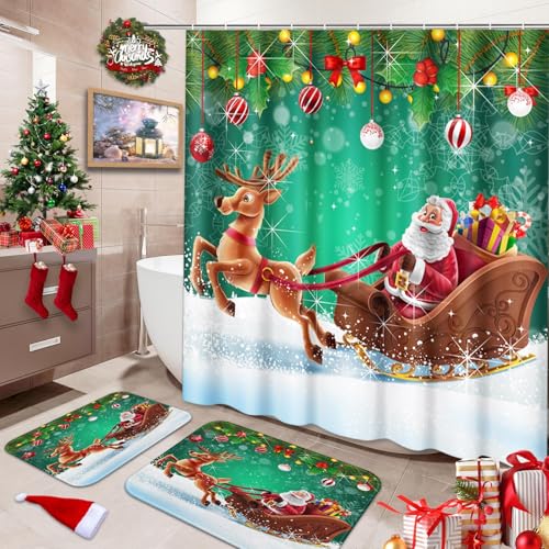 Britimes Santa Claus Deer Red Green Bathroom Set with Shower Curtain and Rugs and Accessories Merry Christmas Snowflakes Winter Bath Shower Curtain Set Bathroom Decor 3 Pcs