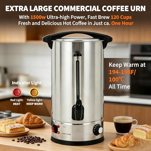 Image of 18 L /120 Cups Coffee Urn, Commerical Coffee Maker Hot Water Urn, Large Percolator Pot Dispenser With Double-Wall Stainless Steel, Quick Brew, Stays Hot for Tea & Beverage at Events & Catering(Silver)