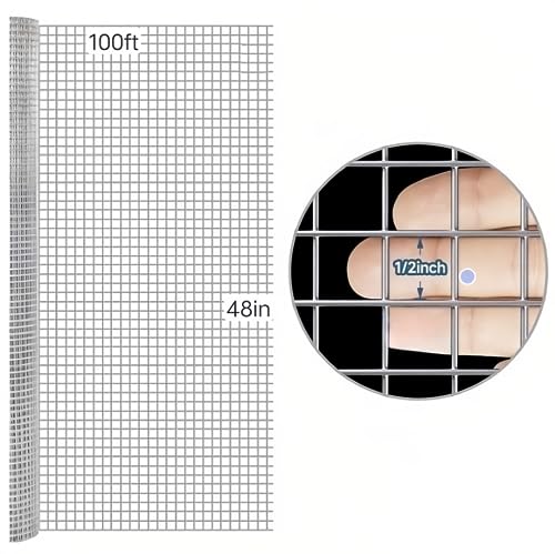 Hardware Cloth 48inx100ft 1/2 Inch Galvanized, Chicken Wire Fence Chicken Rabbit Snake cage Wire Fence Mesh Roll,Garden Plant Welded Metal Wire Fence,Poultry Animal Netting cage Screen.