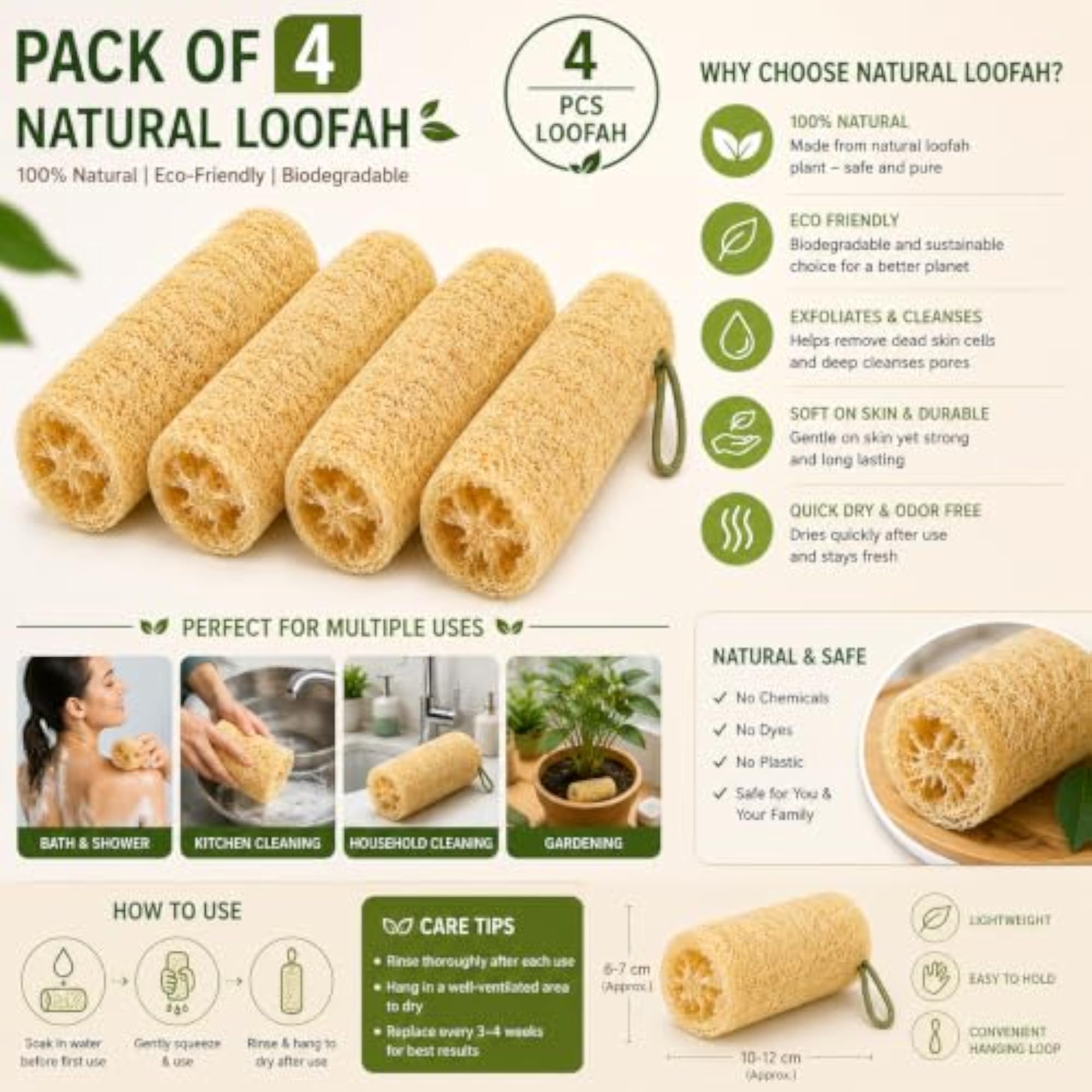 Natural Loofah Sponge, Pack of 4 Extra Large