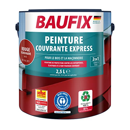 Baufix Peinture couvrante Express rouge scandinave, mate, 2.5 litres, Peinture de protection contre les intempéries, Peinture durable, pour bois, enduit, maçonnerie, meubles et palissades