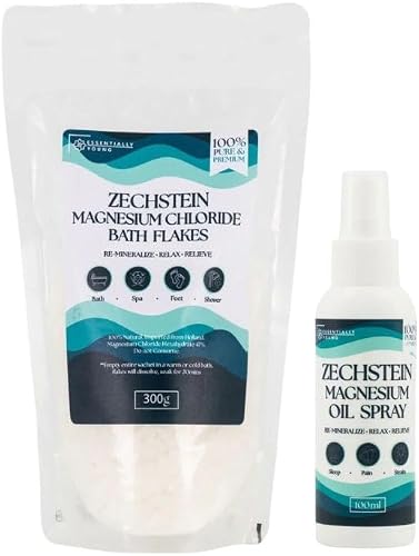 Zechstein Magnesium Chloride Bath Flakes and Oil Spray Bundle, 300g Flakes with 100ml Spray, Muscle Relief and Relaxation, 400g