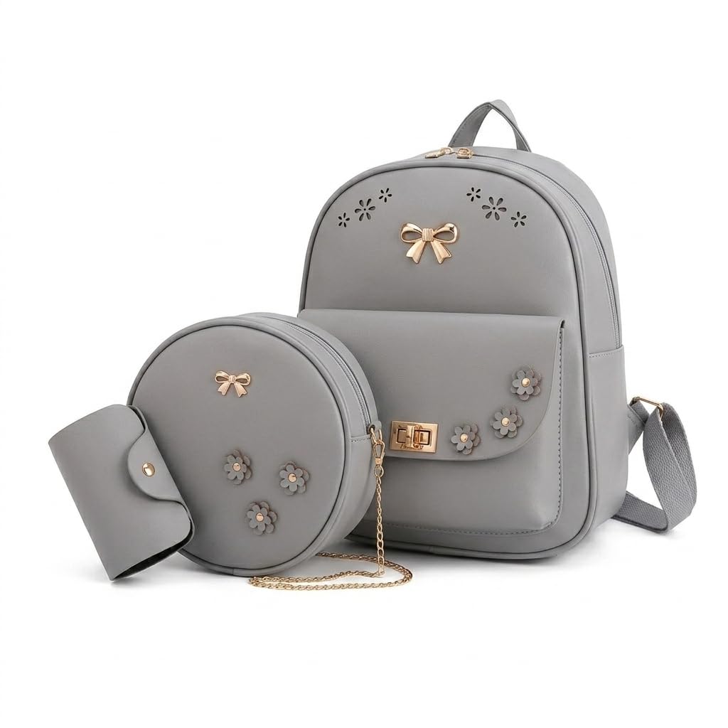 alice Girls 3-PCS Fashion Cute Mini Leather Backpack sling & pouch set for Women (grey)-picture-17