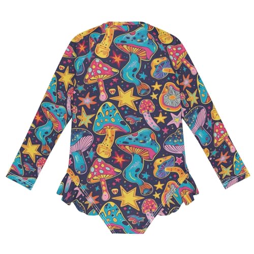 CaTaKu Girls One Piece Swimsuit Mushroom Star Toddler Bathing Suit Long Sleeve UPF 50+ Rash Guard Swimwear 3-12Y2