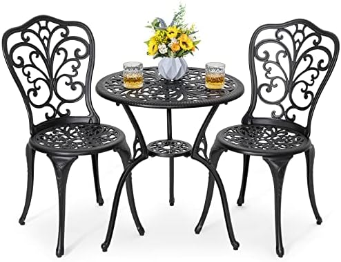 NUU GARDEN 3 Piece Bistro Set Outdoor, All Weather Cast Aluminum Patio Bistro Sets Patio Table and Chairs Set of 2 with Umbrella Hole for Yard, Balcony, Black, Butterfly Backrest