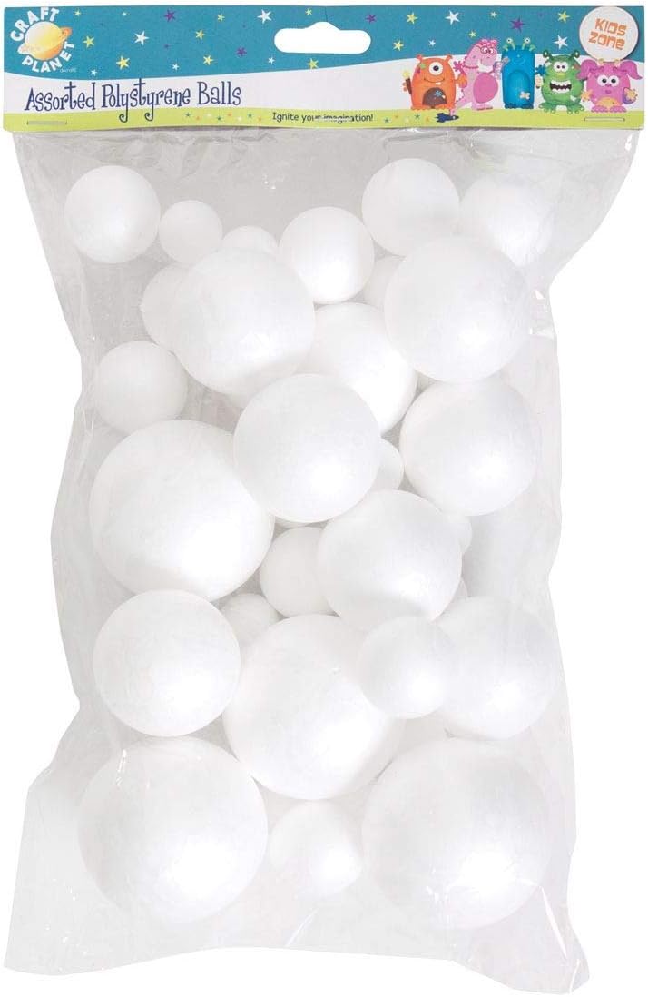 Craft Planet Polystyrene Balls 40 Pieces, White, Assorted Sizes, for Arts and Crafts, Kids, Children, Basic Shapes, Perfect Base, Decoupage, Painting, Bauble-Making