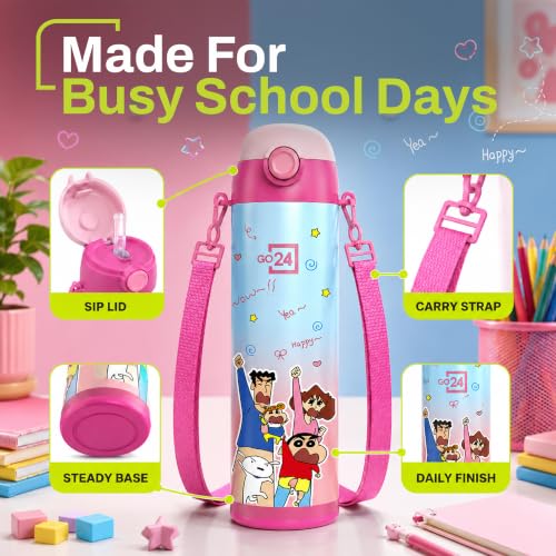 Image of Go24 pexpo Crayon Shinchan ISI Certified Stainless Steel Water Bottle for School Kids - 500ml | 2-Year Warranty | 3 Layer Insulation | Hot & Cold Vacuum Flask | 4+ Years |Pink Nohara Family