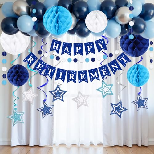 Image of Happy Retirement Party Decorations for Men Women Blue Silver Happy Retirement Banner Honeycomb Balls Pentagram Hanging Swirl Streamers Circle Dots Garland