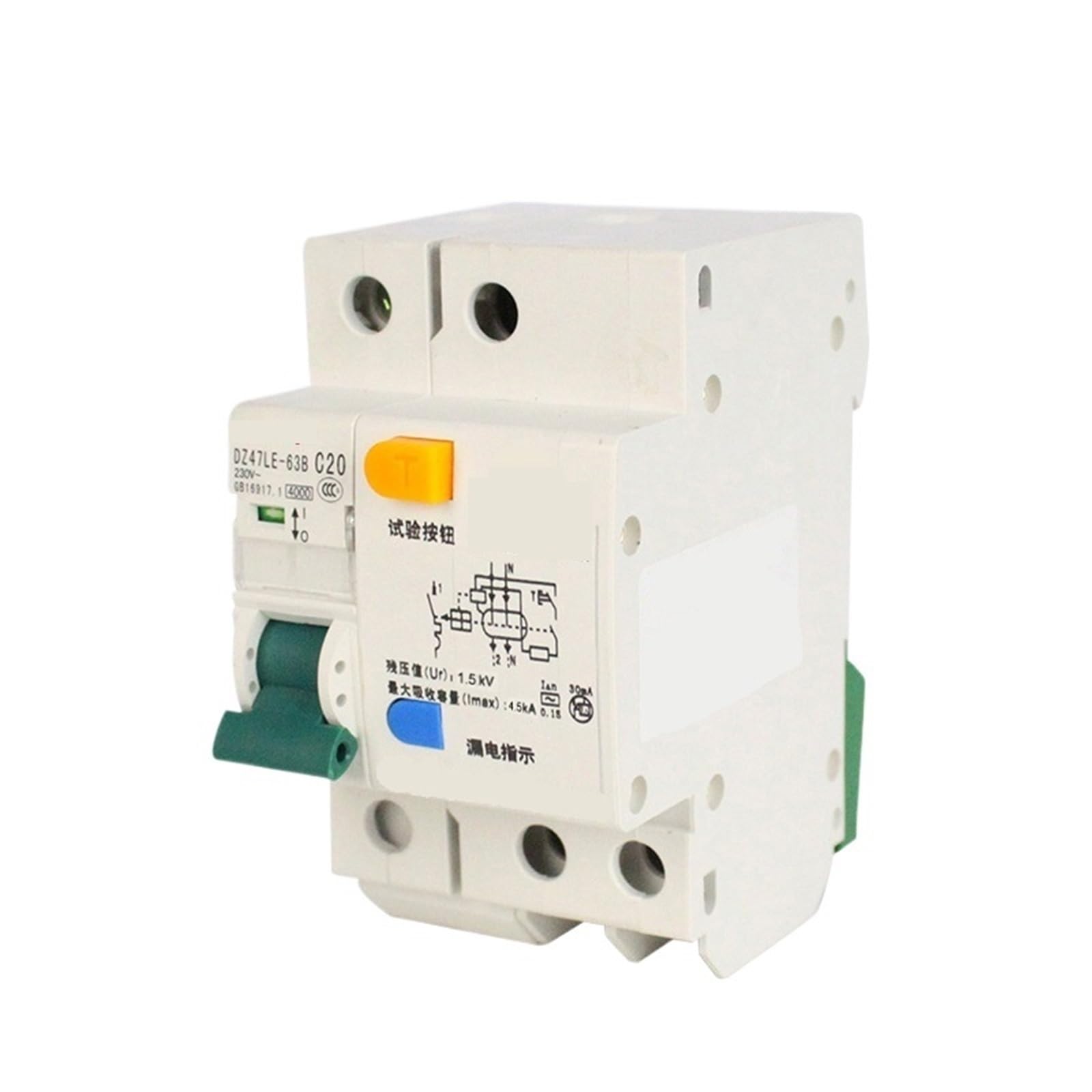 Disjoncteur miniature DZ47LE-63B 1P+N 10A pour protection fuite de terre
