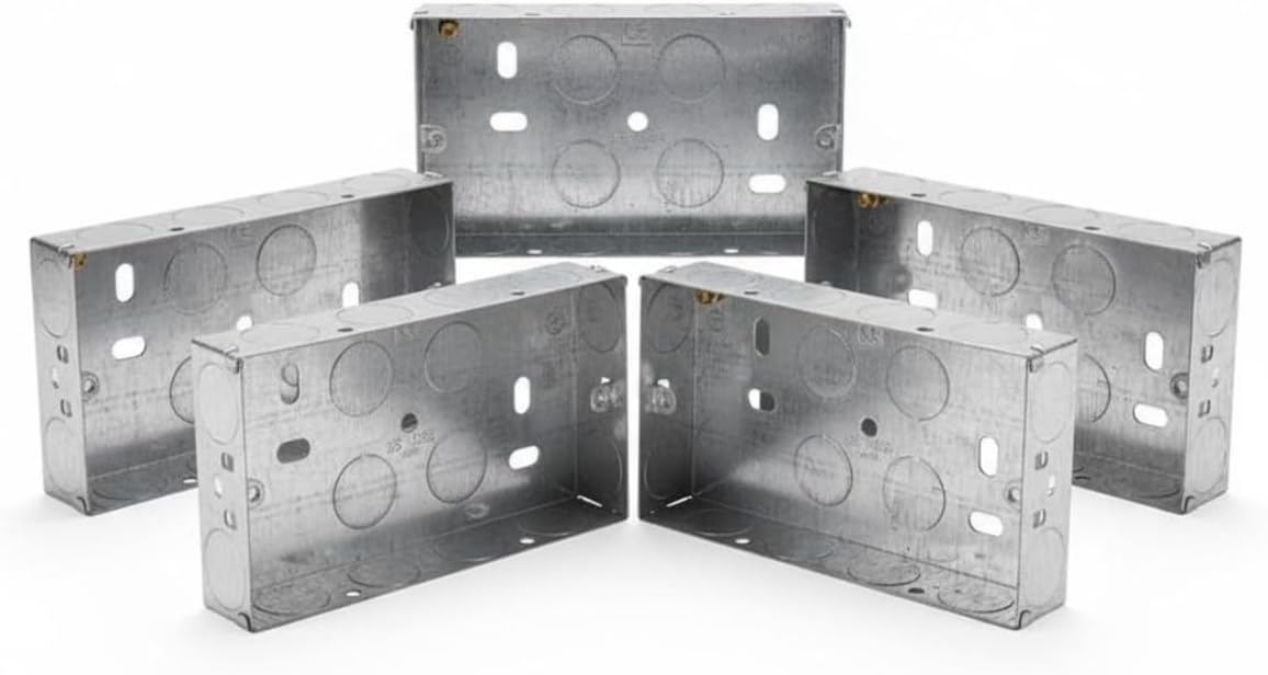 5 x Double Metal Back Box 25mm Flush Wall Pattress / 2 Gang Electrical Sockets