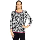 Alfred Dunner Women's Petite Womens Crewneck 3/4 Sleeve Animal Jacquard Sweater Size PS Black/White