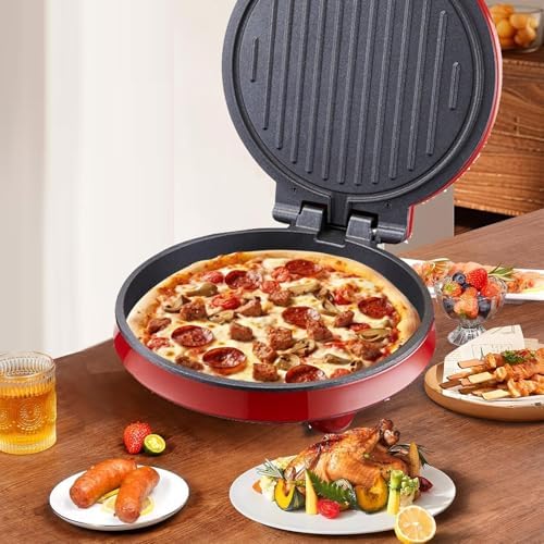 Electric Pizza Maker 1000W Countertop Pizza Maker Non-Stick Cooking Plate Double-Sided Heating 180 Degrees Open Large Diameter: 23Cm for Quiches Crepes Red