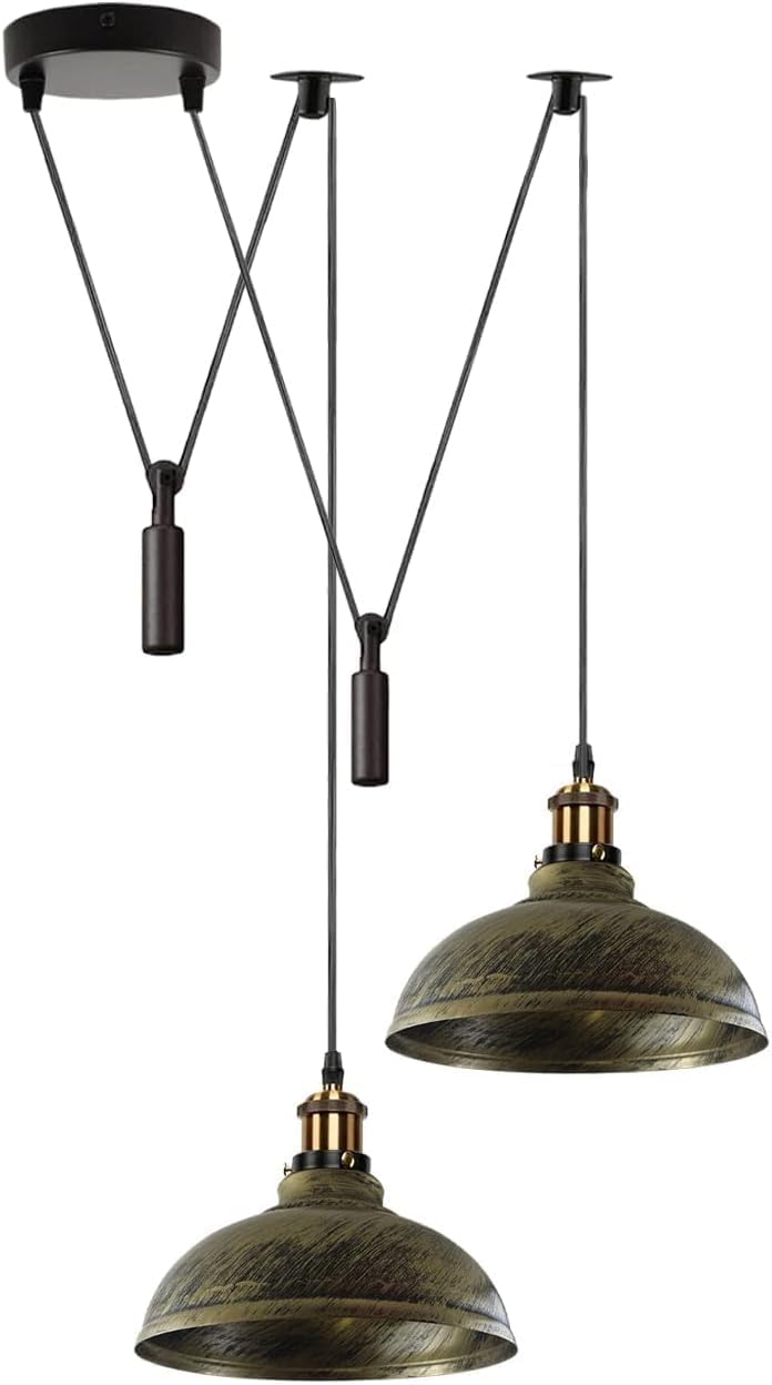 DC VOLTAGE 2 Head Spider Lamp Pendant Light Vintage Ceiling Fitting 29cm Metal Lamp Shade 60w E27 Base 195cm Adjustable Cord for Living Room, Kitchen Brushed Brass