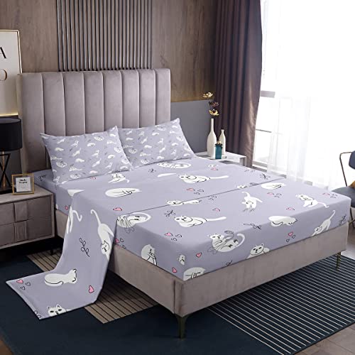 Erosebridal Cartoon Cat Bed Sheets Queen Size Kawaii Cat Sheet Set For Kids Boys Girls Bedroom Decor Cute Pet Farmhouse Animal Bedding Set, Purple, 1 Fitted Sheet, 1 Flat Sheet, 2 Pillow Cases #TOP19