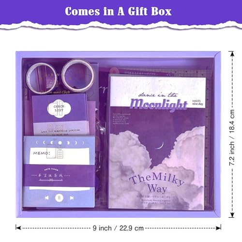 Image of VOTDOT (346Pcs) Paper Junk Journal & Scrapbook Kit, Scrapbooking Supplies Kit with Creative Decor Journaling Supplies, Stationery, Stickers, A6 Grid Notebook with Graph Ruled Page Gift for Girl & Adult (purple moon light)