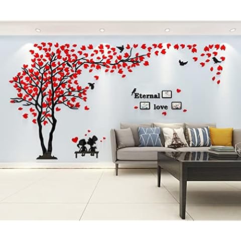 3D Tree Wall Stickers DIY Tree Bird Wall Decal Large Family Photo Frames Art Murals Tree Sticker for Living Room Bedroom Kindergarten Nursery Restaurant Home Decor(Red Left,M:130*250cm) Cover