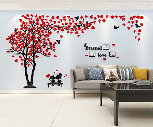 3D Albero Adesivo da Parete, Cornici per Foto e Alberi Uccelli Adesivi Murali Fai da te Arts Wall Sticker Decorativi per Camera da Letto, Soggiorno (A Rosso Sinistra,XL)