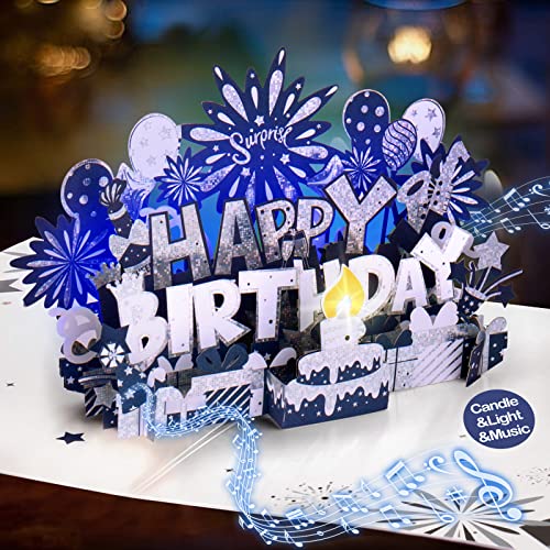 Image of INPHER Musical Birthday Card 3D Pop Up with Light Blow Out LED Candle and Plays Happy Birthday Music Surprise Greeting Cards Gifts for Women Navy Silver