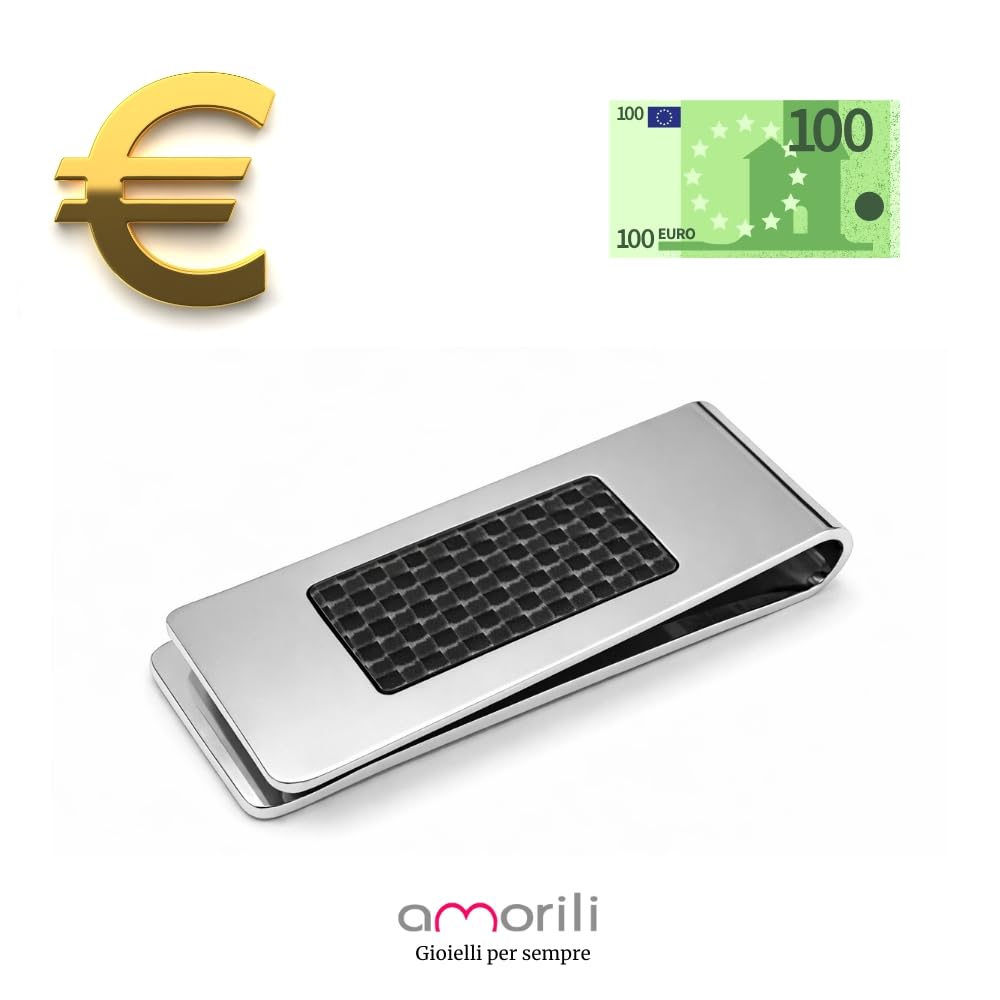 Fermasoldi Uomo in Acciaio Inox con Fibra di Carbonio – Accessorio Moderno ed Elegante – Clip Ferma Banconote a Molla per Soldi – Idea Regalo Uomo fsl027