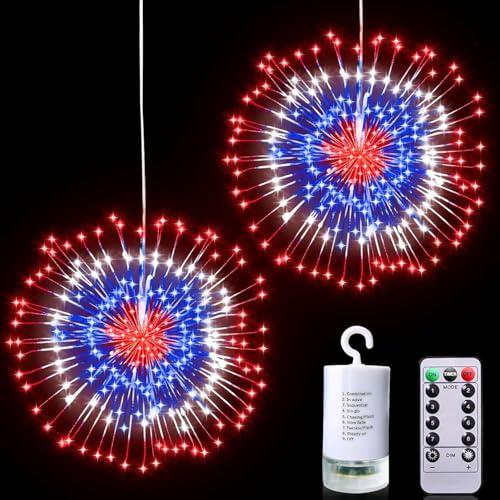 2 Pack 250th Anniversary 4th of July Decorations, Patriotic Lights with Timer & 8 Modes Remote 360 LED Red White Blue Firework Lights, Waterproof Starburst Light for Independence Day Memorial Day