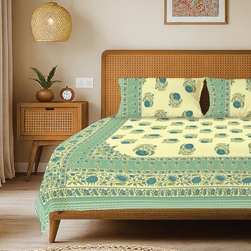 Image of Urban Space 100% Cotton Handcrafted Premium Printed Double Size Bedsheet with 2 Pillow Covers, 240 TC Cotton Double Bedsheet (90 x 100 Inches, Chaandbali Sage Green)