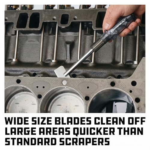 Image of Powerbuilt Wide Blade Gasket Scraper Tool Set - Heavy-Duty Hardened Steel Blades (2 inch, 1-1 /2 inch, 1 inch) with Built-In Storage Handle for Engine Gasket Surface Cleaning - 648501