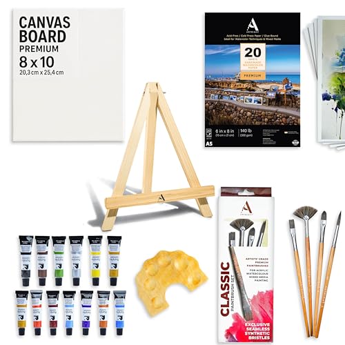 Image of ArtRight 39 Pcs Painting Kit for Beginners & Kids with 4 Paint Brushes - Mini Wooden Easel with Canvas - 20 A5 Watercolor Papers - Mini Painting Palette - Artists Color Set of 12