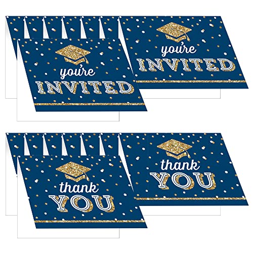 Creative Converting Glittery Grad 8 Count You're Invited Party Invitations And 8 Count Thank You Cards - Graduation Supplies For Class Of 2023 Bulk Supply Set In Blue & Gold Celebrate #TOP7