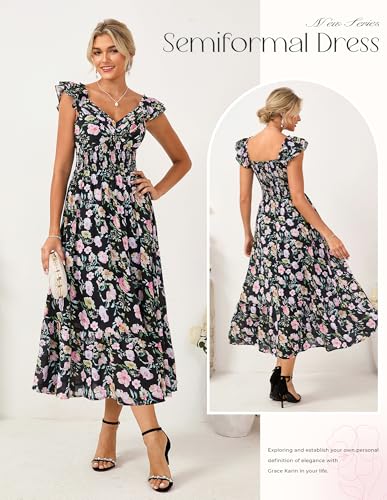 Image of GRACE KARIN Women's Summer Floral Maxi Dress 2026 Ruffle Sleeve Smocked Sundress Flowy Wedding Guest Long Dresses with Pocket