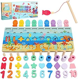 Sitodier Wooden Number Puzzle Sorting Montessori Toy for Toddlers | Shape Puzzle Matching Counting Fishing Game for Ages 3 4 5 Years Kids Math Stacking Preschool Educational Learning Activities Toy
