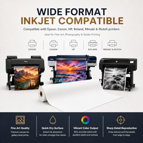 Image of PolyCotton Matte Inkjet Canvas Roll for Wide Format Printers, Quick Dry Cotton Blend Printable Canvas for Fine Art, Photography, Giclee, Gallery Prints and Wall Art Printing.(420gsm, 24 inch x 66')