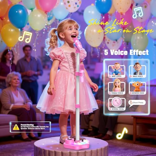 Kids Rechargeable Karaoke Machine Toys with Adjustable Stand, 3-5 4-6 7 8 Year Old GirlsWireless Microphone Gifts, Bluetooth Speaker with 2 Mic Toddler Birthday Gift for Girl Ages 3-8