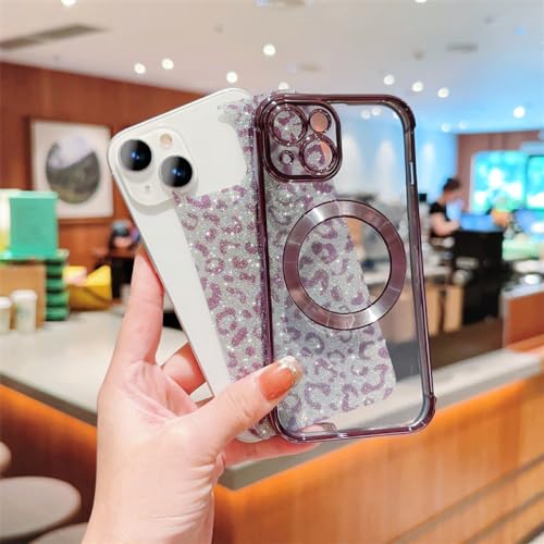 Coque iPhone 14 imprimé léopard pailleté bleu avec support magnétique sans fil - 3