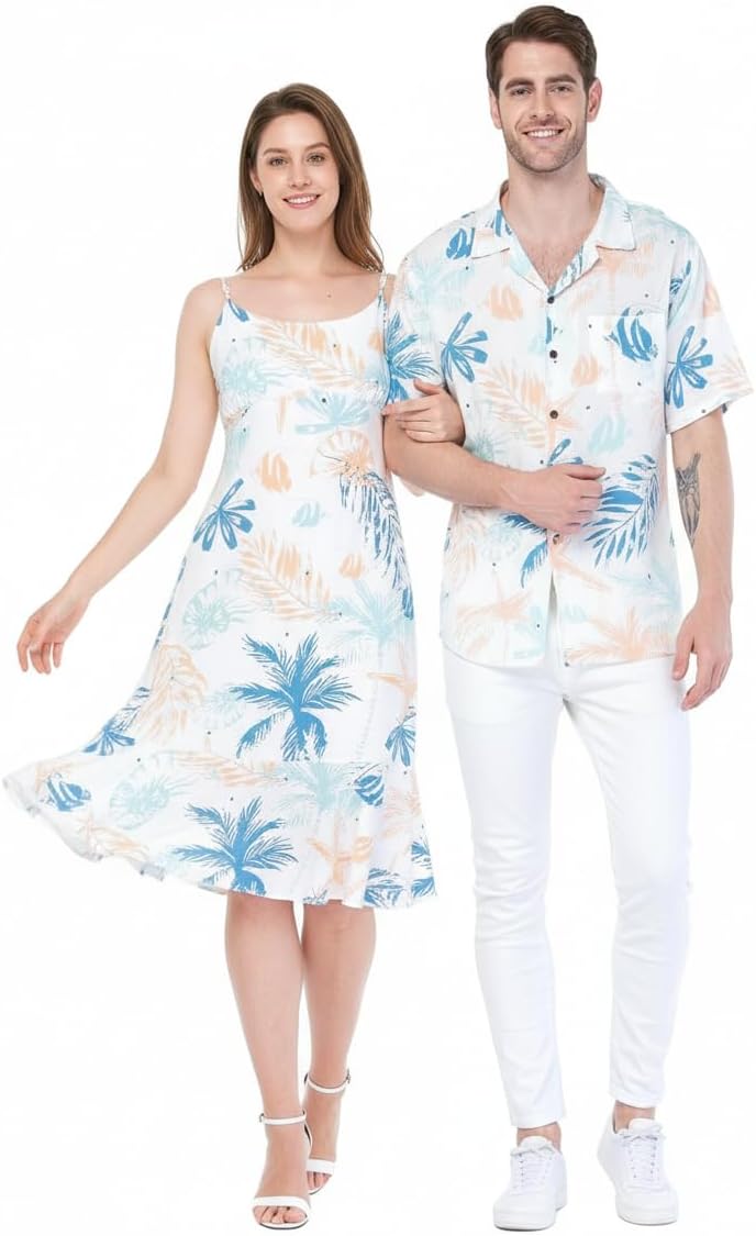 Matchable Couple Hawaiian Luau Shirt or Mermaid Ruffle Dress in Sory Beach White