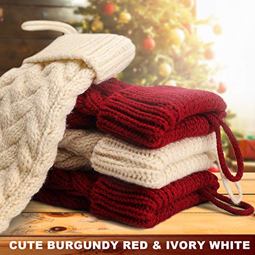 Libwys Knit Christmas Stockings With Name Tags, 4 Pack 18" Large Cable Xmas Stockings Classic Burgundy Red Ivory White Chunky Hand Stockings #TOP3