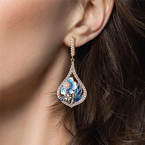 Evabelle Butterfly Earrings Handmade Flower Enamel Pearl Earrings 14K Gold Plated Cubic Zirconia Dragonfly Leaf Vintage Drop Dangle Earrings For Women Trendy For Birthday Mother's Day Christmas Gifts #TOP1