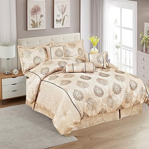 7 Pieces Comforter Set 100% Polyester Quilt Bedspread Set Double King Super King Size Bedding Set and Cushions (King, Stone)