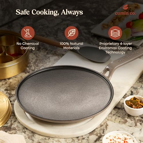 Image of CUMIN CO. Enamel Cast Iron Roti Tawa | 26 cm, 2.3 Kg | Color: Grey | Curved Surface Tawa for Roti, Chapati, Paratha | Preheat 4 Minutes to Activate Natural Non-Stick Ability, No Seasoning Required
