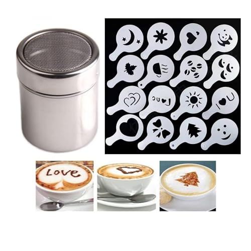 2 Stück Puderzuckerstreuer, 16 Satz Kaffee Zeichnung Cappuccino Form Phantasie Kaffee Zubehör Druck Modell Schaum Spray Kuchen Schablonen Puderzucker Sieb
