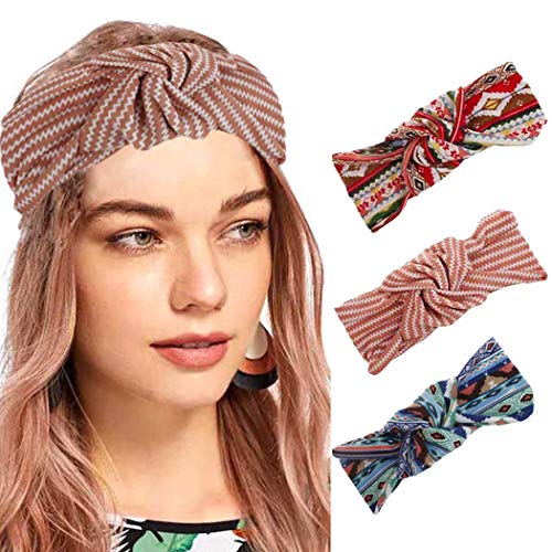 Nicute Boho Turban Cross Headbands Red Knotted Wide Head Wraps Elastic Stripe Outdoor Hair Bands for Women and Girls(Pack of 3)