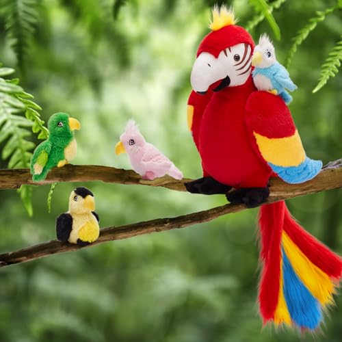 Tezituor Macaw Parrot Stuffed Animals with Babies, 18'' Mommy Stuffed Parrot Plush with 4 Baby Parrots, Realistic Parrot Toys for Kids, Big Bird Plush Toy Gift for Christmas Birthday Decoration by Tezituor - Used condition - Image 4